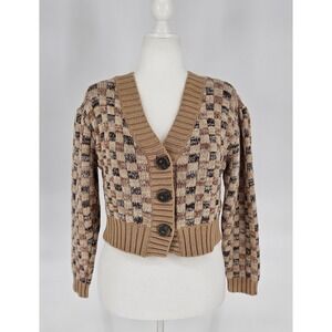 Rebecca Taylor Cardigan Women L Brown Checkered Merino Wool Cashmere Cropped